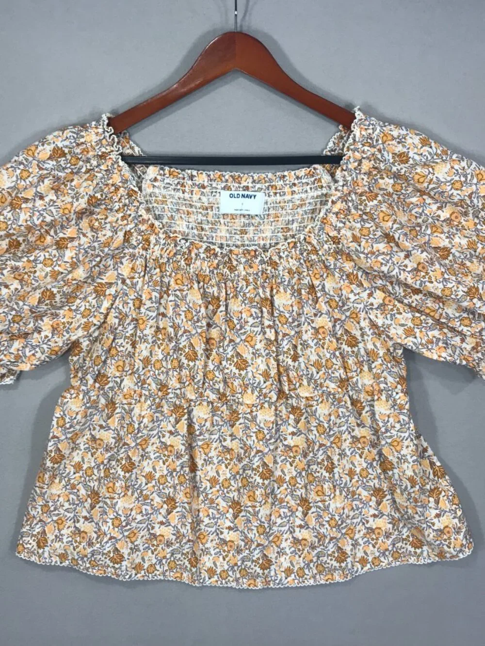 Old Navy Top Womens Large Brown Floral Babydoll Blouse Scoop Smocked Puff Sleeve